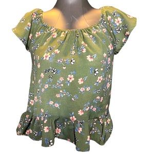 NWOT Charming Charlie Green with Pink Floral Print Blouse Size S